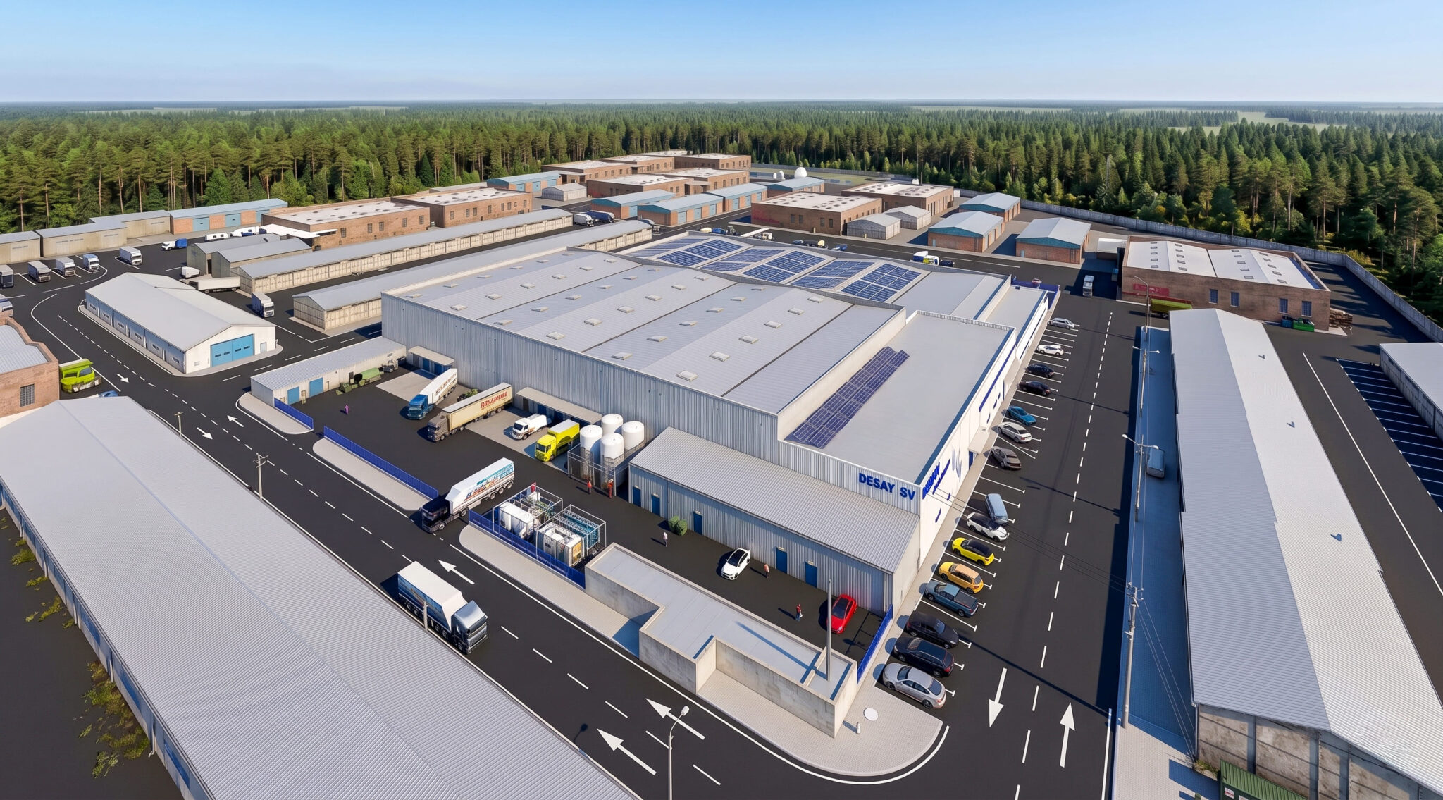 Render de proyecto constructivo: Complejo industrial y administrativo en Parque Empresarial Santana, Linares.