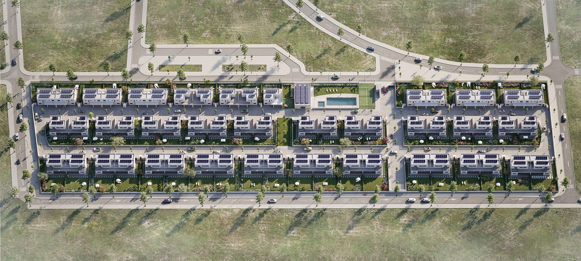 Infografía 3D mediante vista aérea de la promoción de viviendas "Residencial Riviera Valladolid" en el Peral, Valladolid